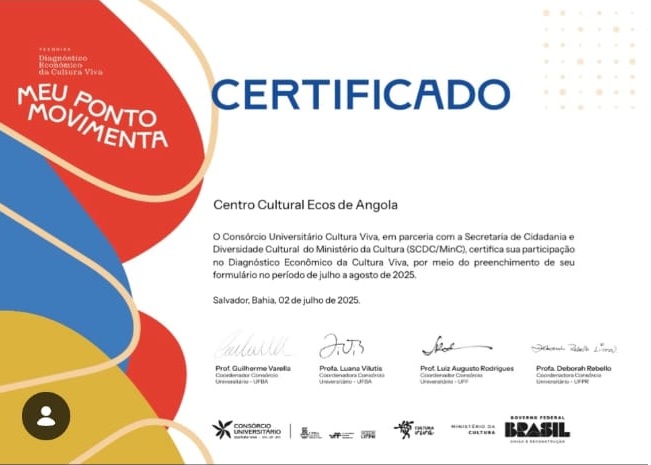 Certificado Meu Ponto Movimenta do Centro Cultural Ecos de Angola