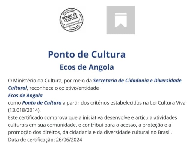 Certificado de Ponto de Cultura do Ecos de Angola
